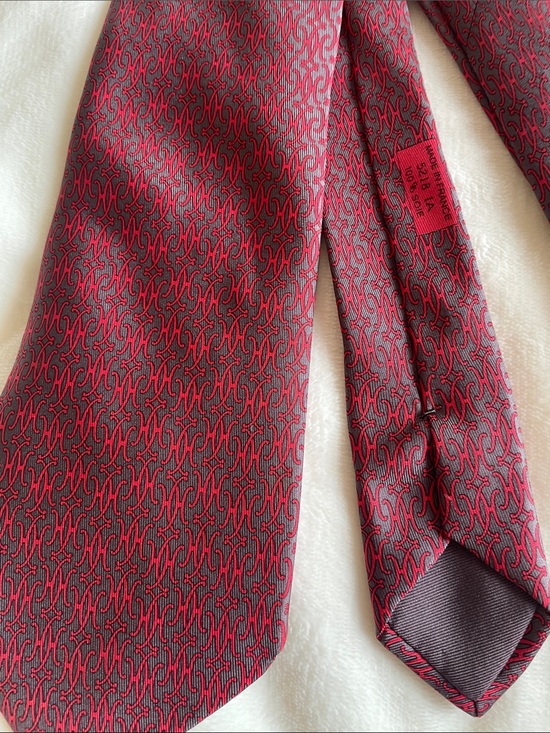 Hermes Other - Auth.Hermes Paris France 100% Silk Red Grey H Patterned Silk Tie Rare
